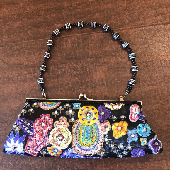 Handbags - Beaded Sequin Stitched Rhinestone Floral clutch